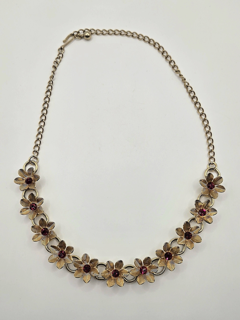 Vintage Gold Tone Floral Necklace with Ruby Red Glass Crystal Flowers